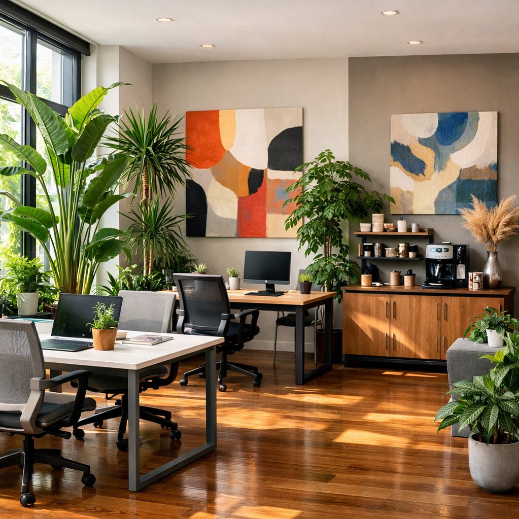Modern Office with Greenery and Abstract Art Modern Office with Greenery and Abstract Art