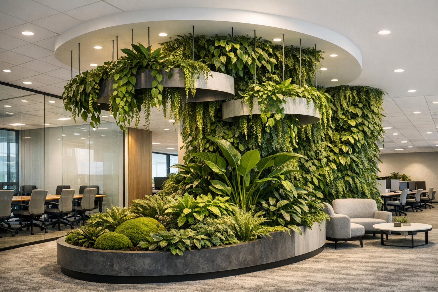 Modern Office with Lush Greenery Plant Installation