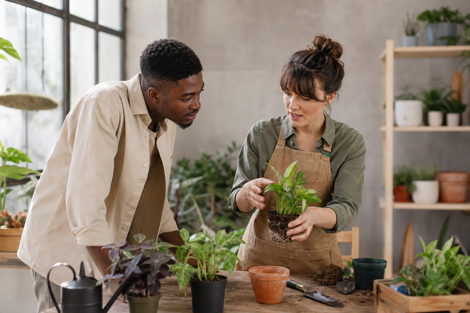 Person Learning Plant Care from Instructor