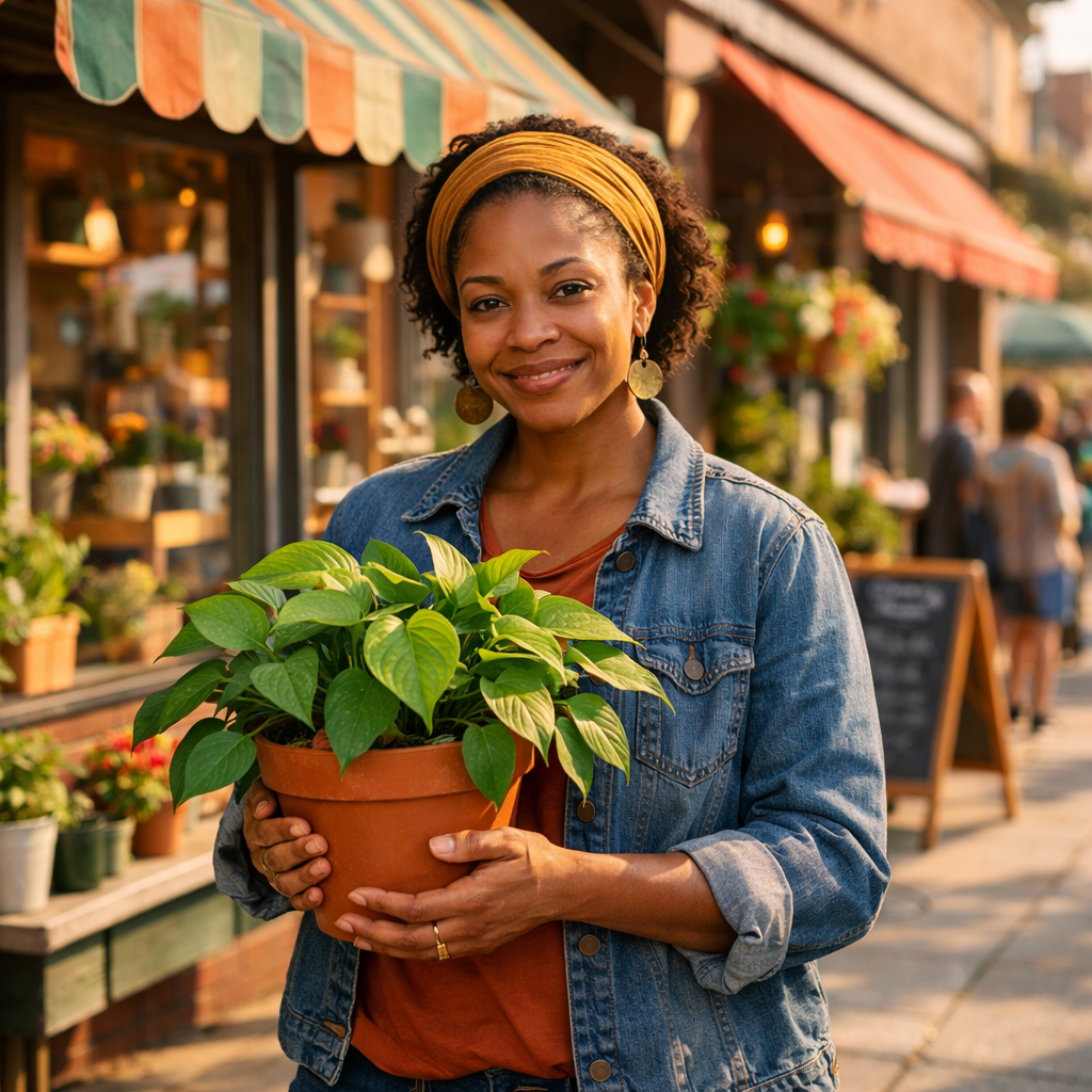 Person of Color Cradling Green Potted Plant at Sunlit Storefront-1