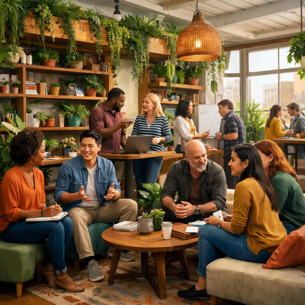 Vibrant Office Community Space with Lush Plant Installations
